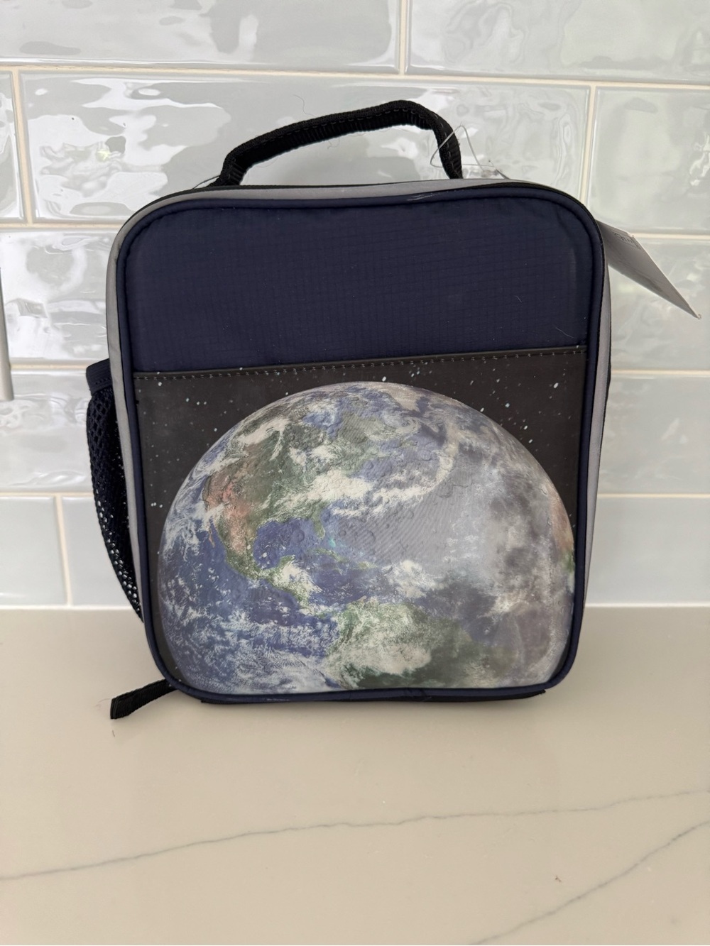 Pottery Barn Kids Navy Earth Print Lunch Bag